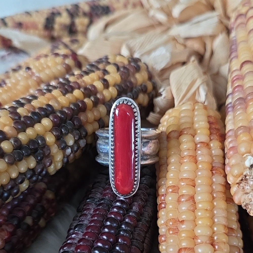 Fabulous Native American Navajo Coral & Sterling Statement Ring ❤️🎁🩶